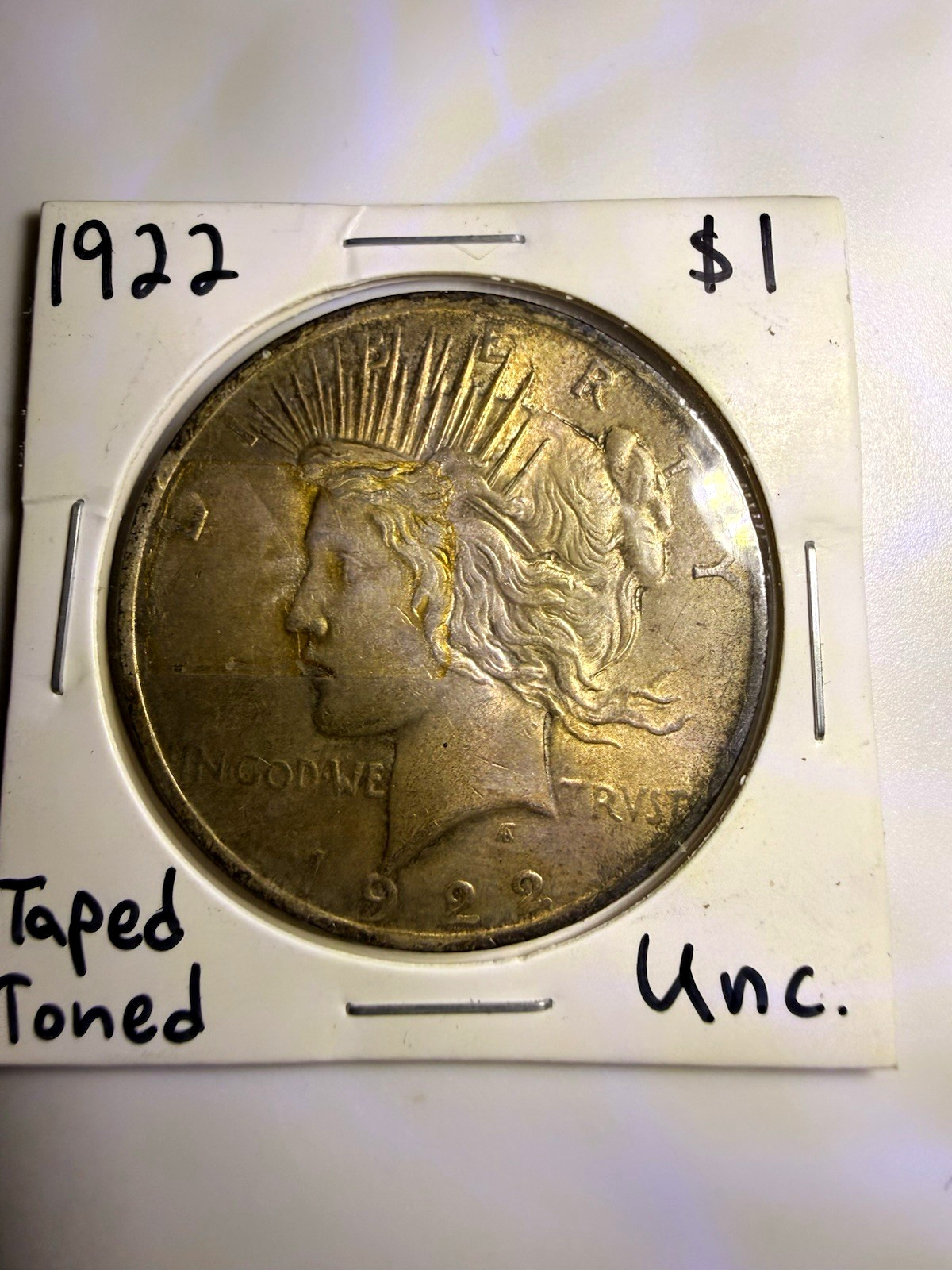 Gold tape dual sided TONER!! 1922 Peace Silver Dollar.