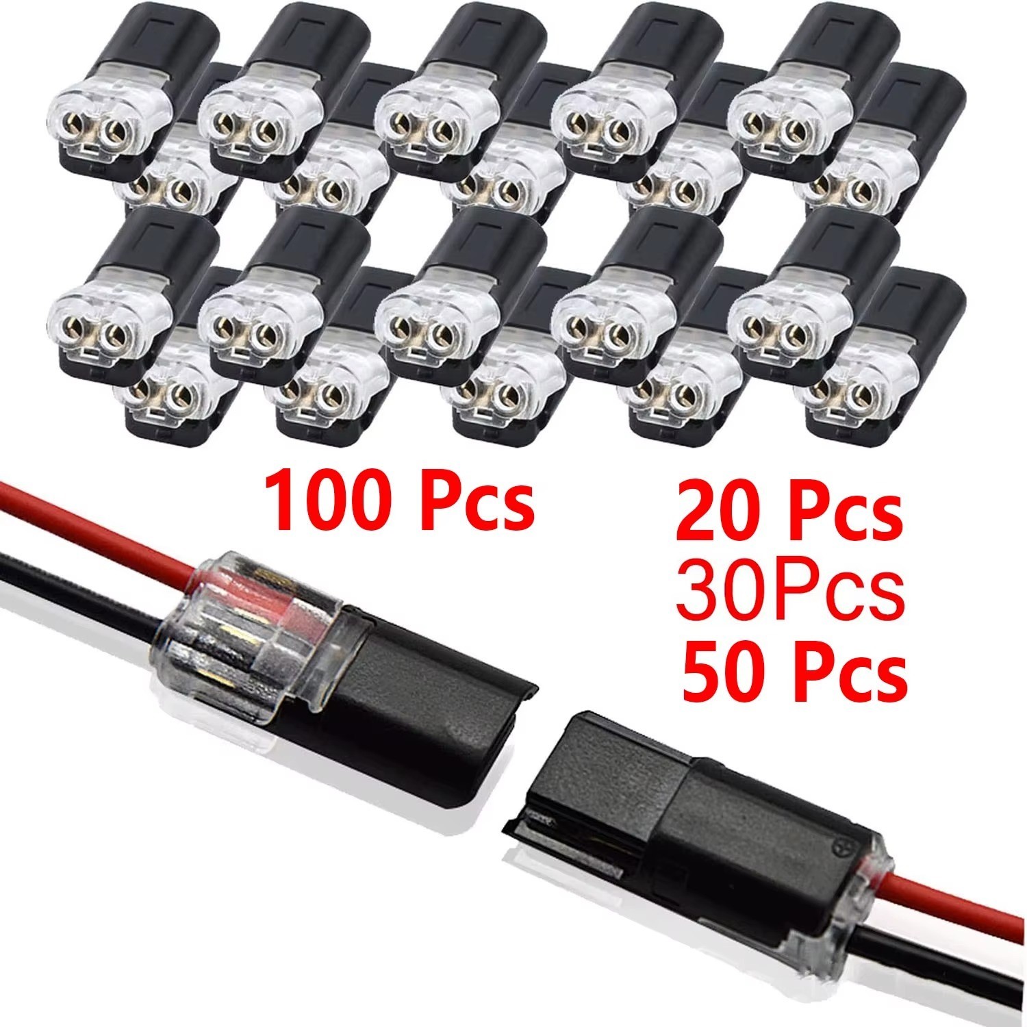 20/30/50/100 Pieces of Locking Plug-In Dual-Wire Led Connectors, 2-Pin 2-Way