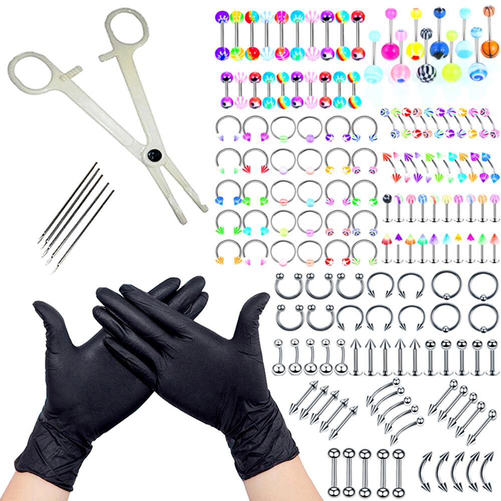 63pc Mixed Body Piercing Kit Professional Tool Set Eyebrow Ear Nose Navel Tongue