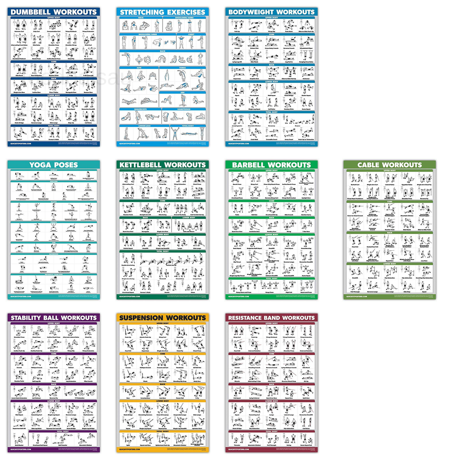 10 Pack - Exercise Workout Poster Set - Cable Machine, 18" x 24", LAMINATED