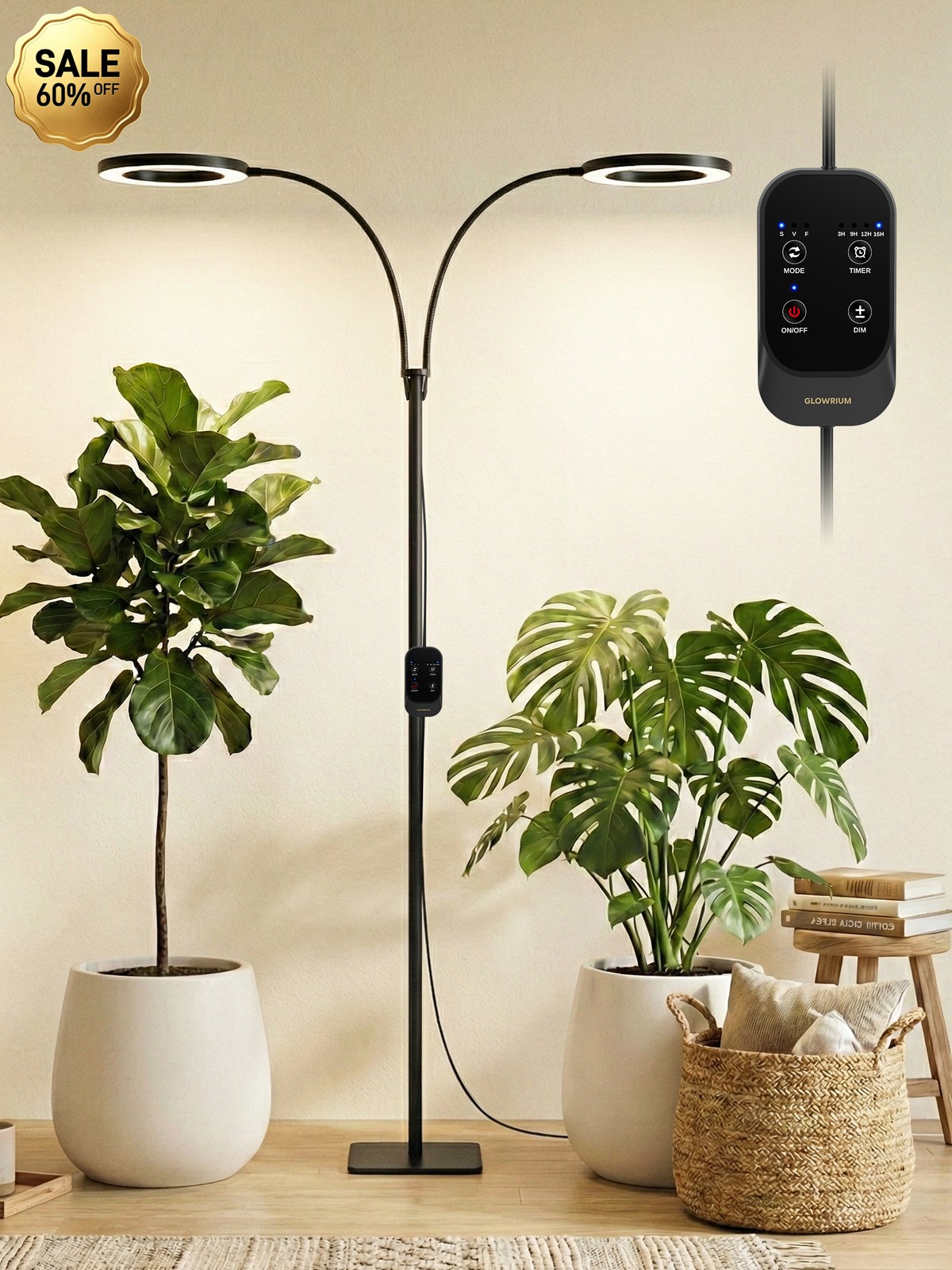 Grow Light for Indoor Plants Full Spectrum LED Dual-Head with 3/6/12/16H Timer
