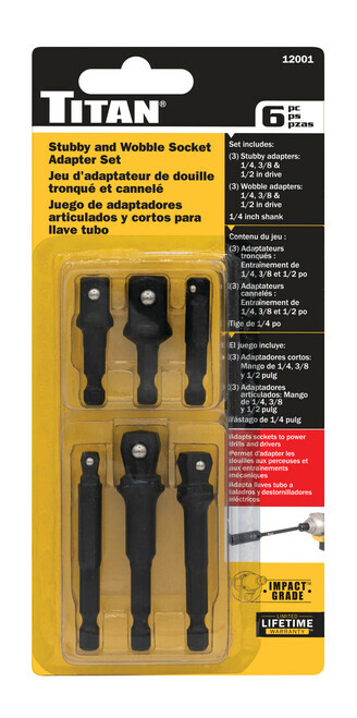 Titan Tools 12001 6-Piece Stubby Wobble Socket Adapter Set Steel 1/4 1/2 3/8