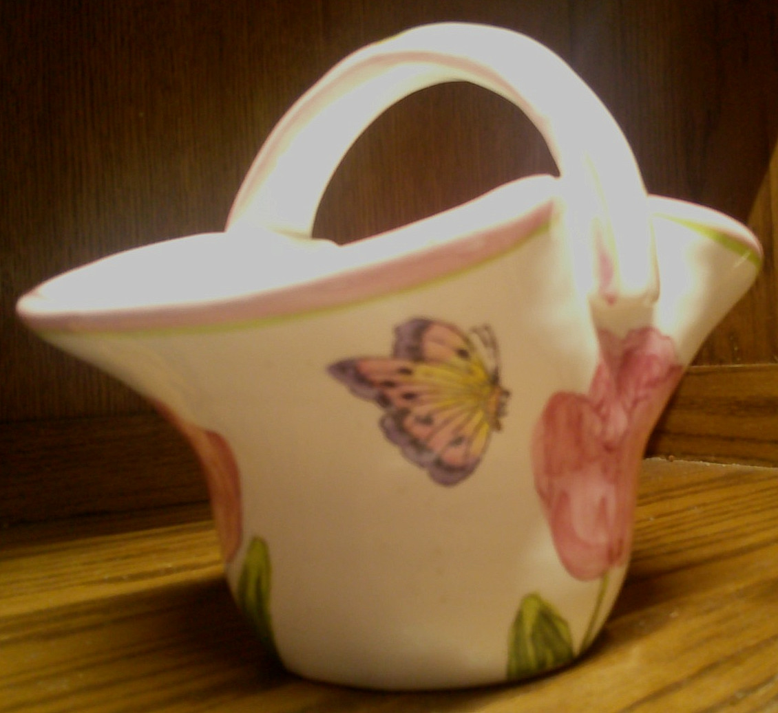 Maxcera Ceramic Handpainted BASKET w/Handle-Spring Flowers/Butterflies Decor V27