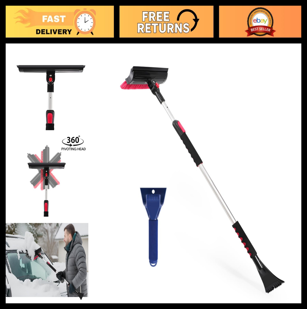 "Telescopic 39”-61” Snow Brush & Ice Scraper Combo for Cars & SUVs, Soft Grip"