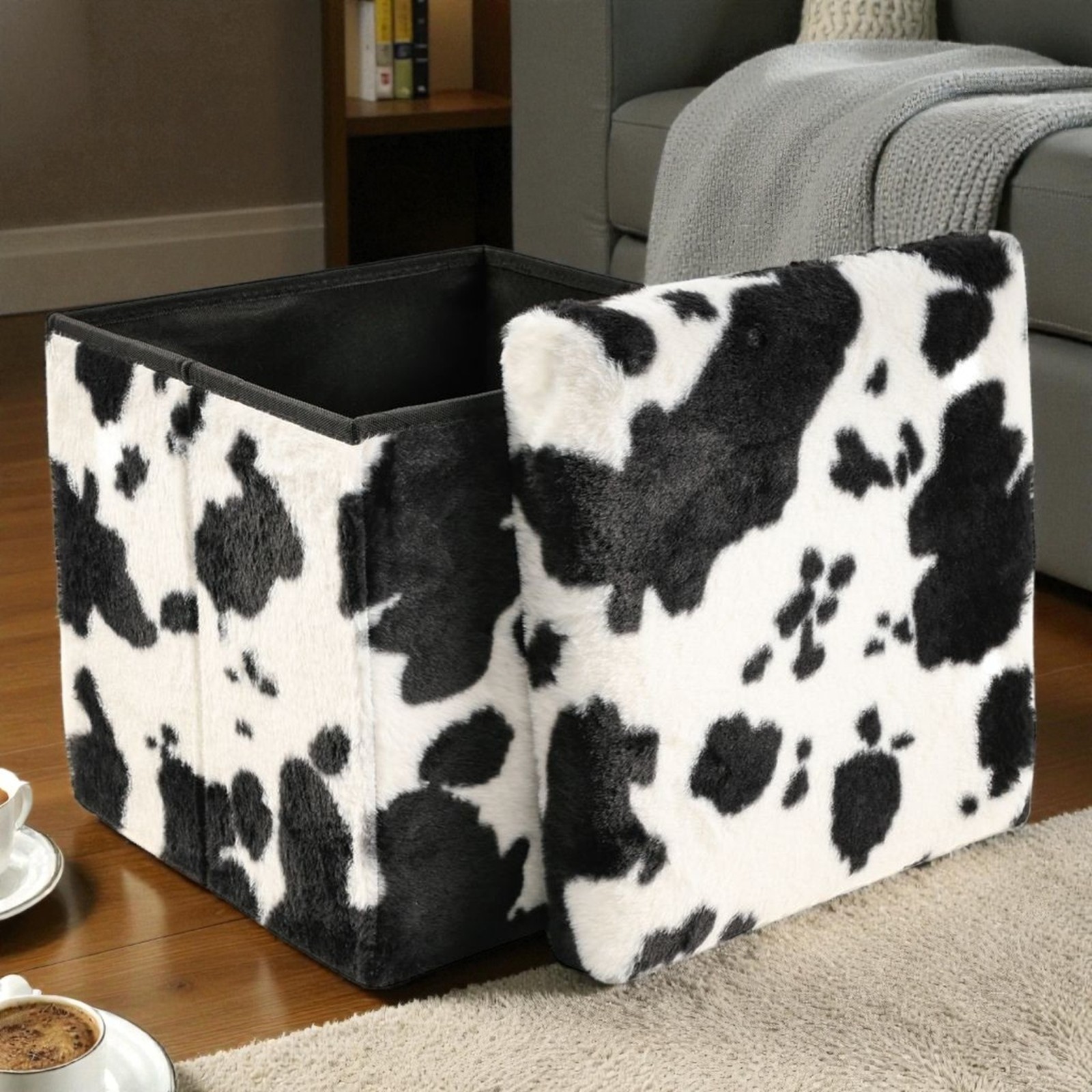 Small Cube Cowhide Black and white Faux Fur Storage Ottoman | Cube Ottoman |