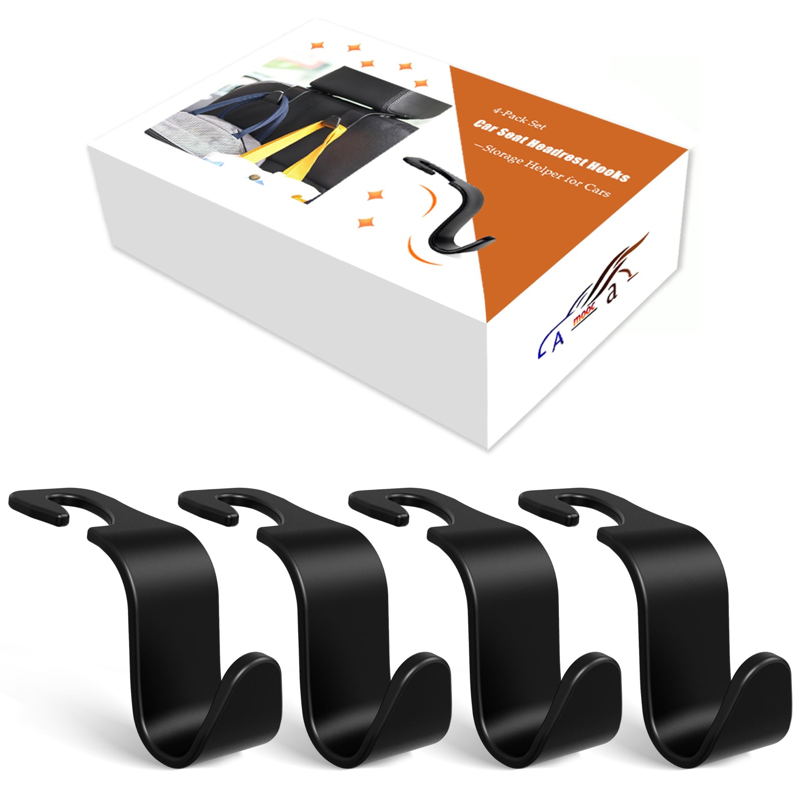 4-Pack Car Headrest Hooks Holds 55lbs Seat Storage Organizer 55 lbs, Black