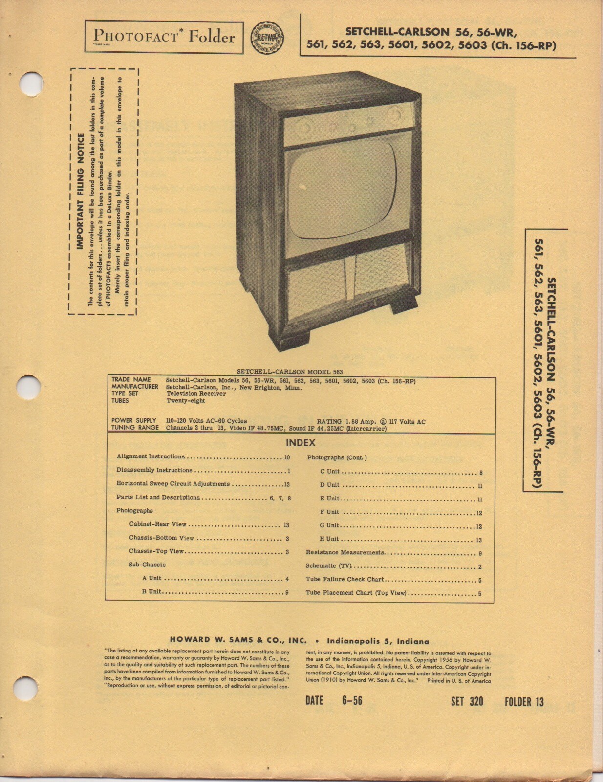 1956 SETCHELL CARLSON 56 TELEVISION SERVICE MANUAL PHOTOFACT SCHEMATIC 561 562 +