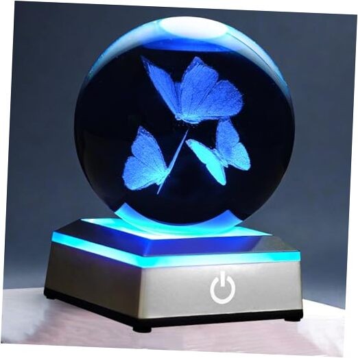 3D Crystal Ball Night Light with LED Colorful Touch Base - Butterflies