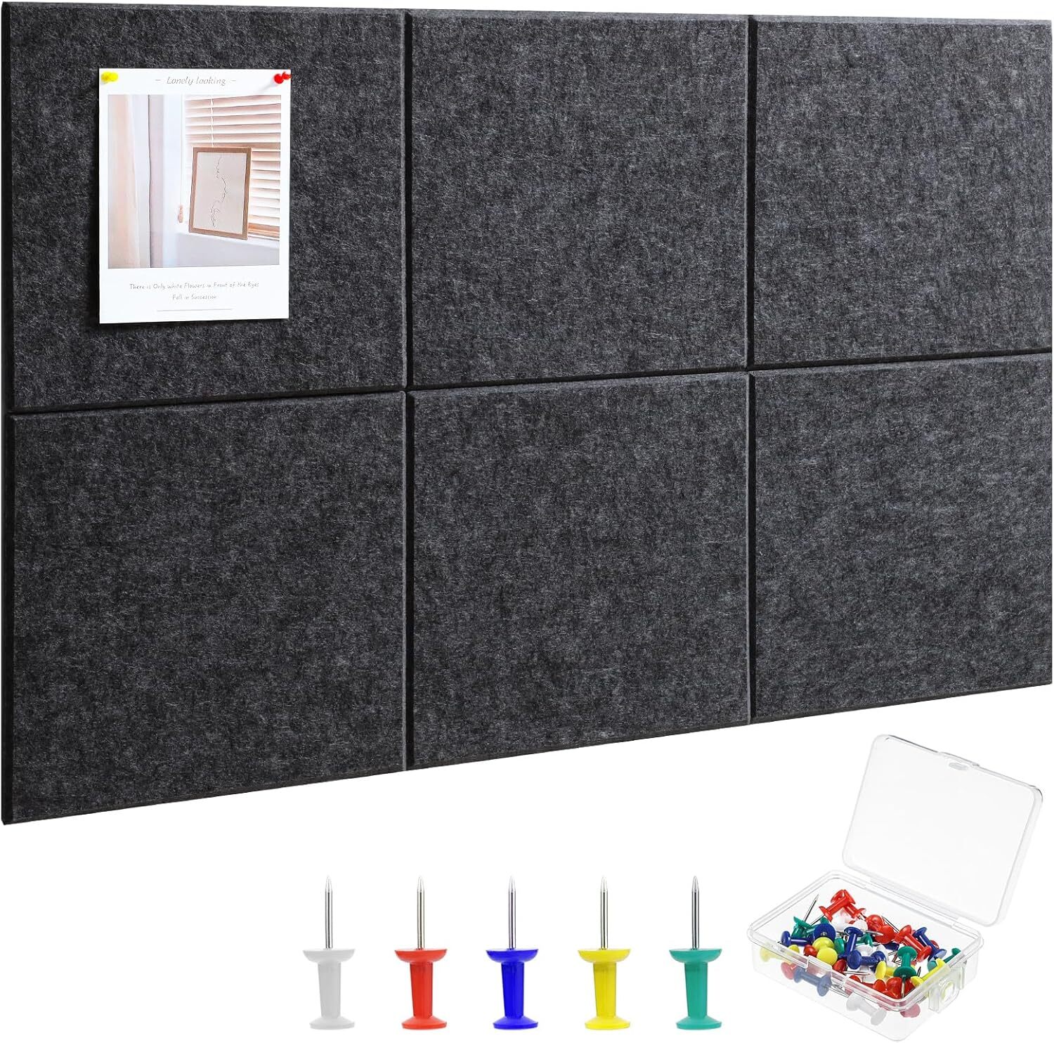 Large Cork Board 36" x 24", 6 Pack Felt Wall Tiles with Colored 30 Dark Gray