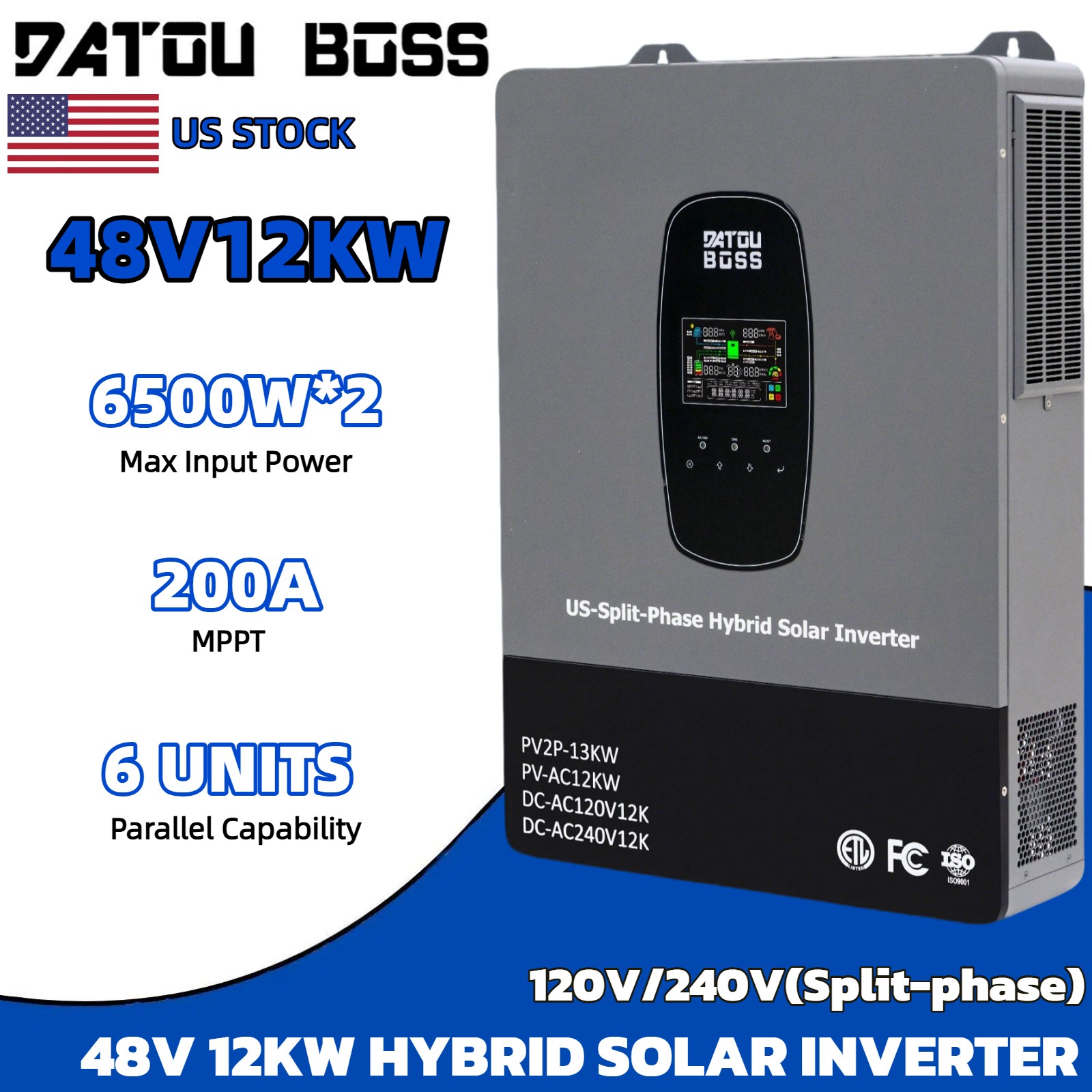 12kW 48V Solar Hybrid Inverter 120V/240V Split-Phase BMS 2*MPPT 200A Pure Sine