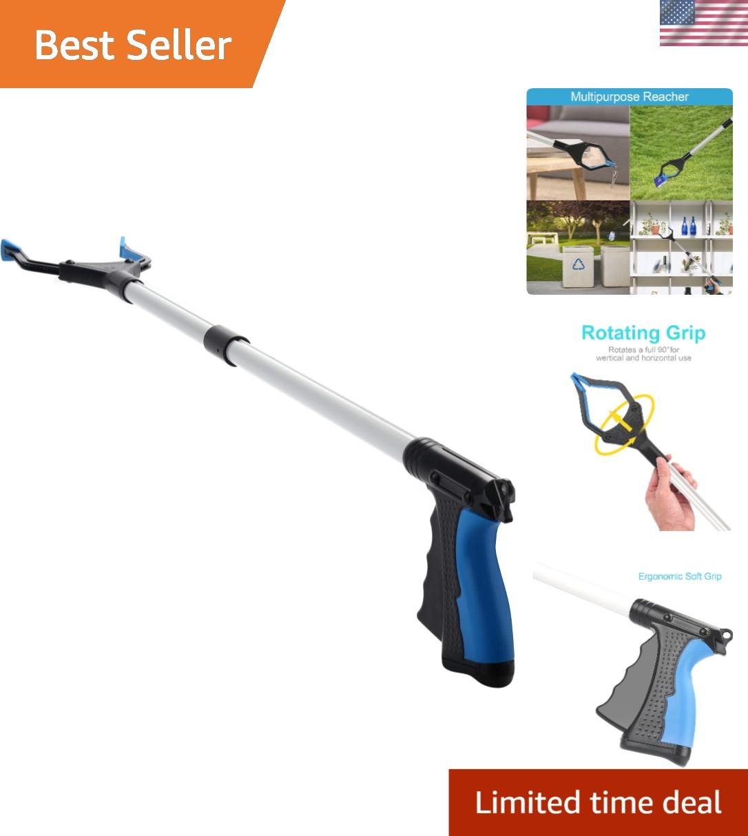 Blue 32-Inch Extra Long Grabber Tool with Rotating Head - Lightweight & Handy