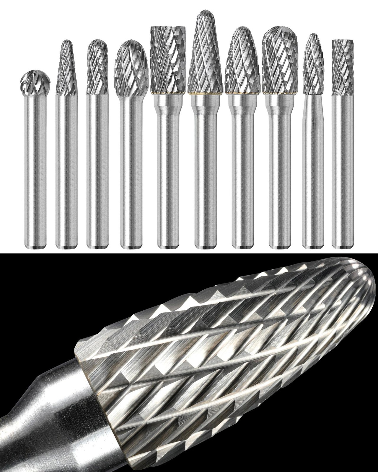 10Pcs Carbide Burr Set 1/4 Shank Max Head 10mm Die Grinder Bits Rotary Tool Kit