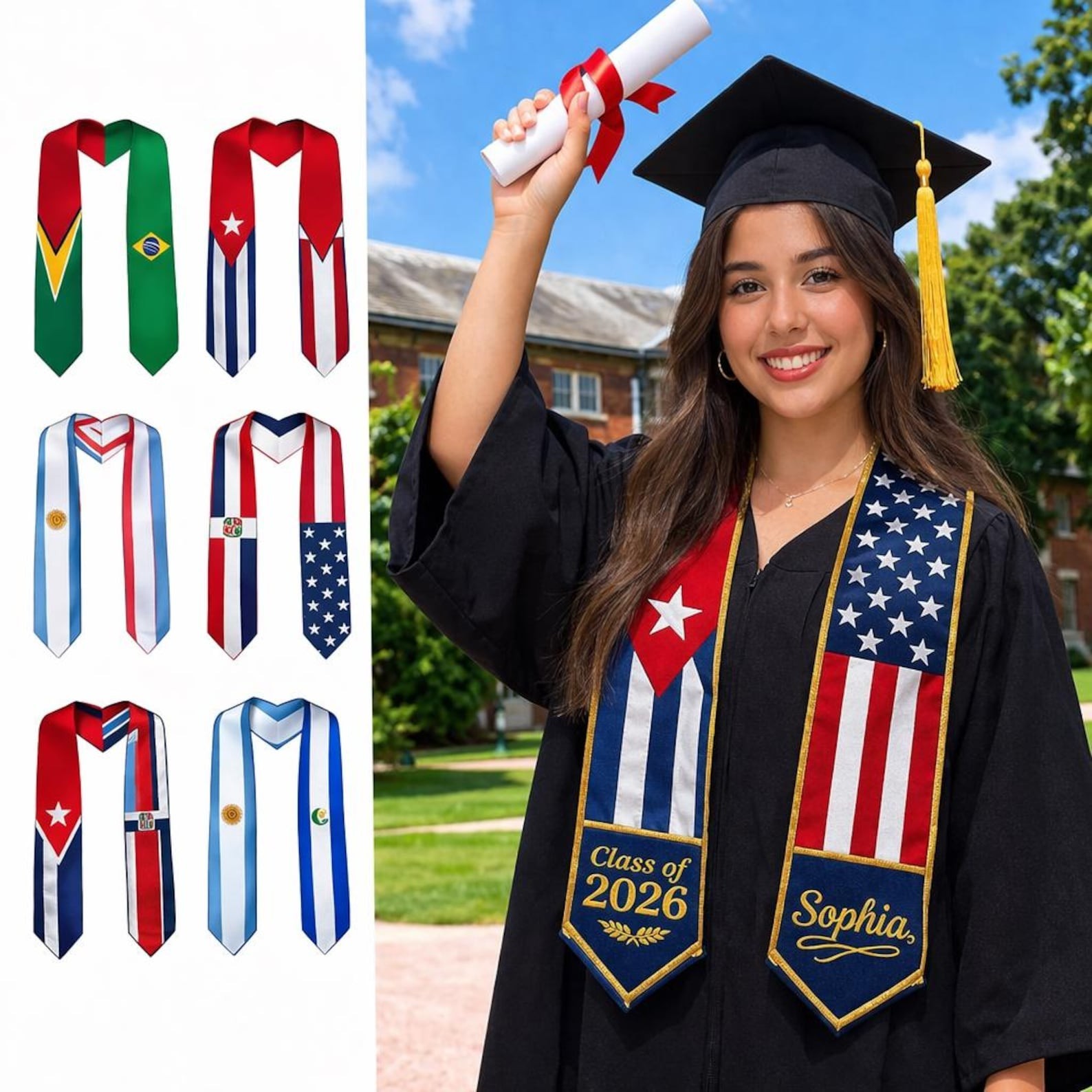Custom Multi Flag Graduation Stole 2026, Personalized 2 3 4 Flag Sash, Custom Gr