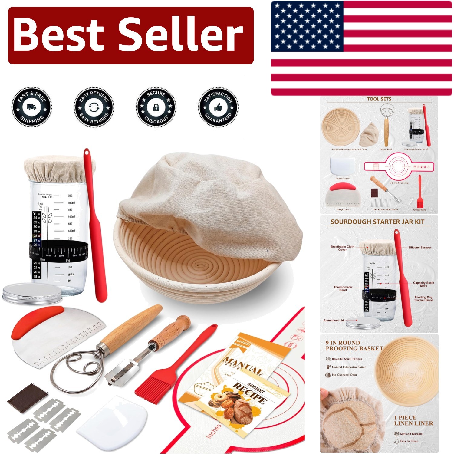 All-inclusive Sourdough Starter Kit: 9'' Round Basket & Recipe Book Included