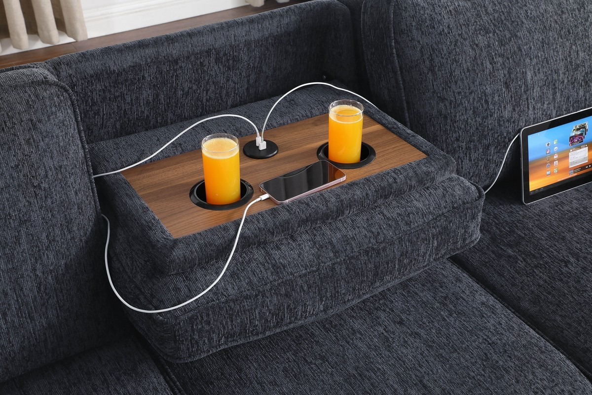 Mackenzie 91"W Charcoal Chenille Rev.Sleeper Sect. Storage+Cuphldrs+USB Ports
