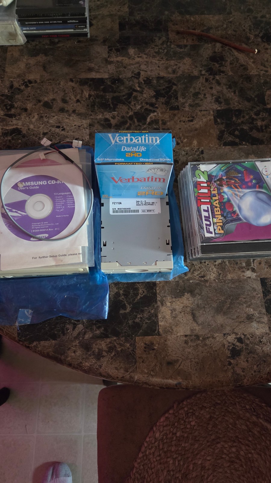 vintage pc accessories, optical drive, floppy drive, disks, games