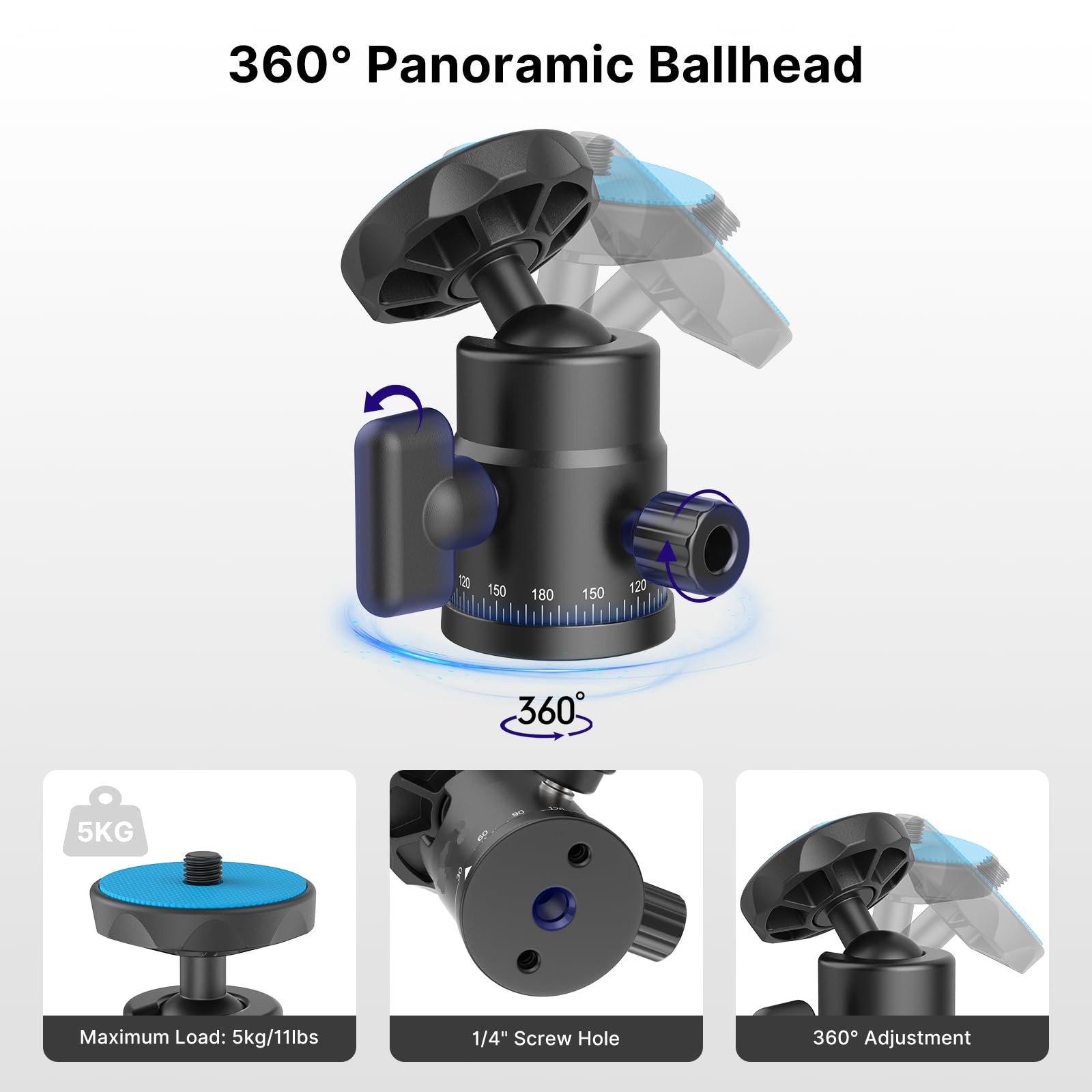 Mini Ball Head, rubesee Panoramic Camera Tripod Head with 1/4" Screw black