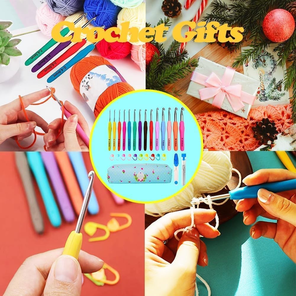 Ergonomic Crochet Hook Set 14 Sizes w/ Case Stitch Markers Scissors for Beginner