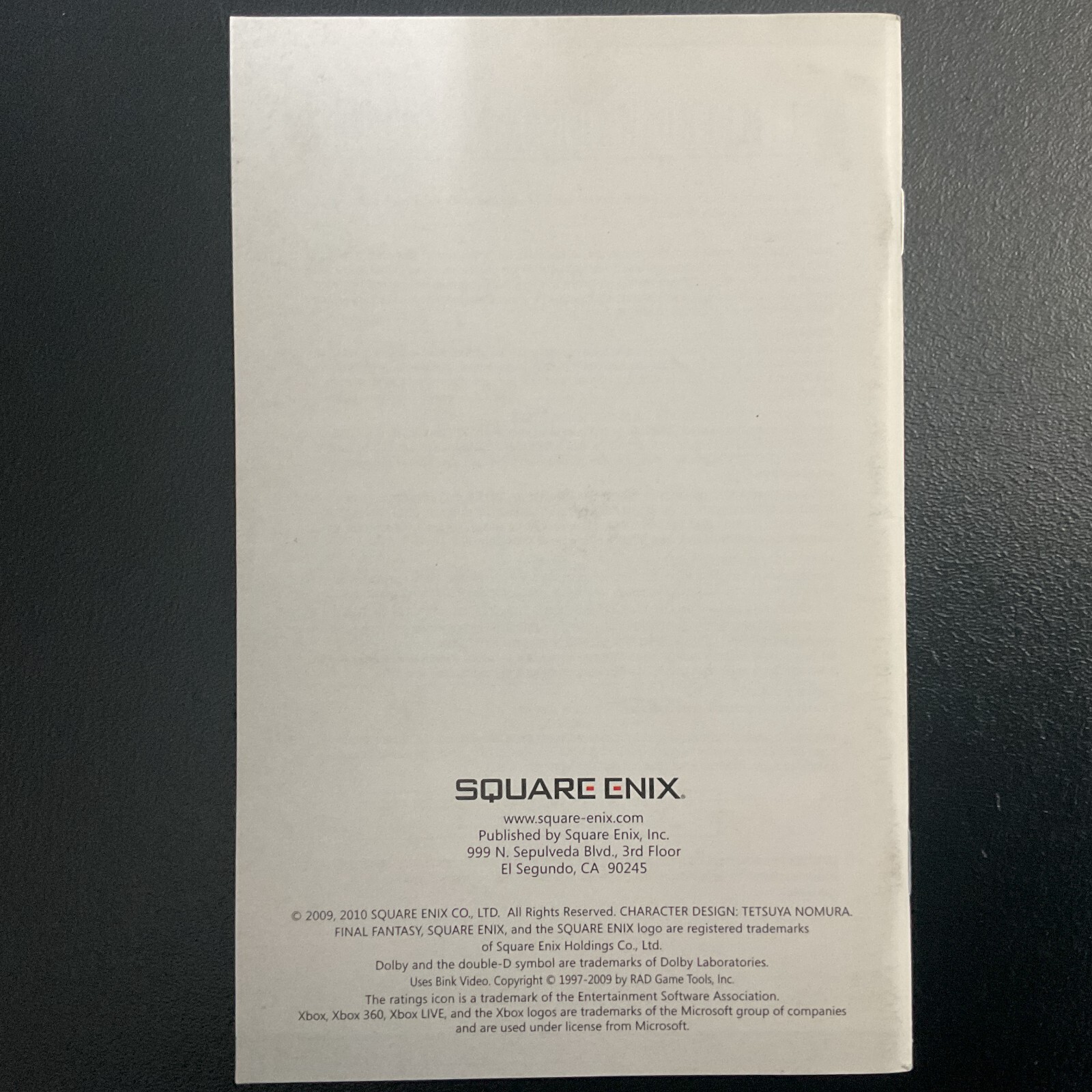 Final Fantasy XIII Microsoft Xbox 360 Instruction Manual Only