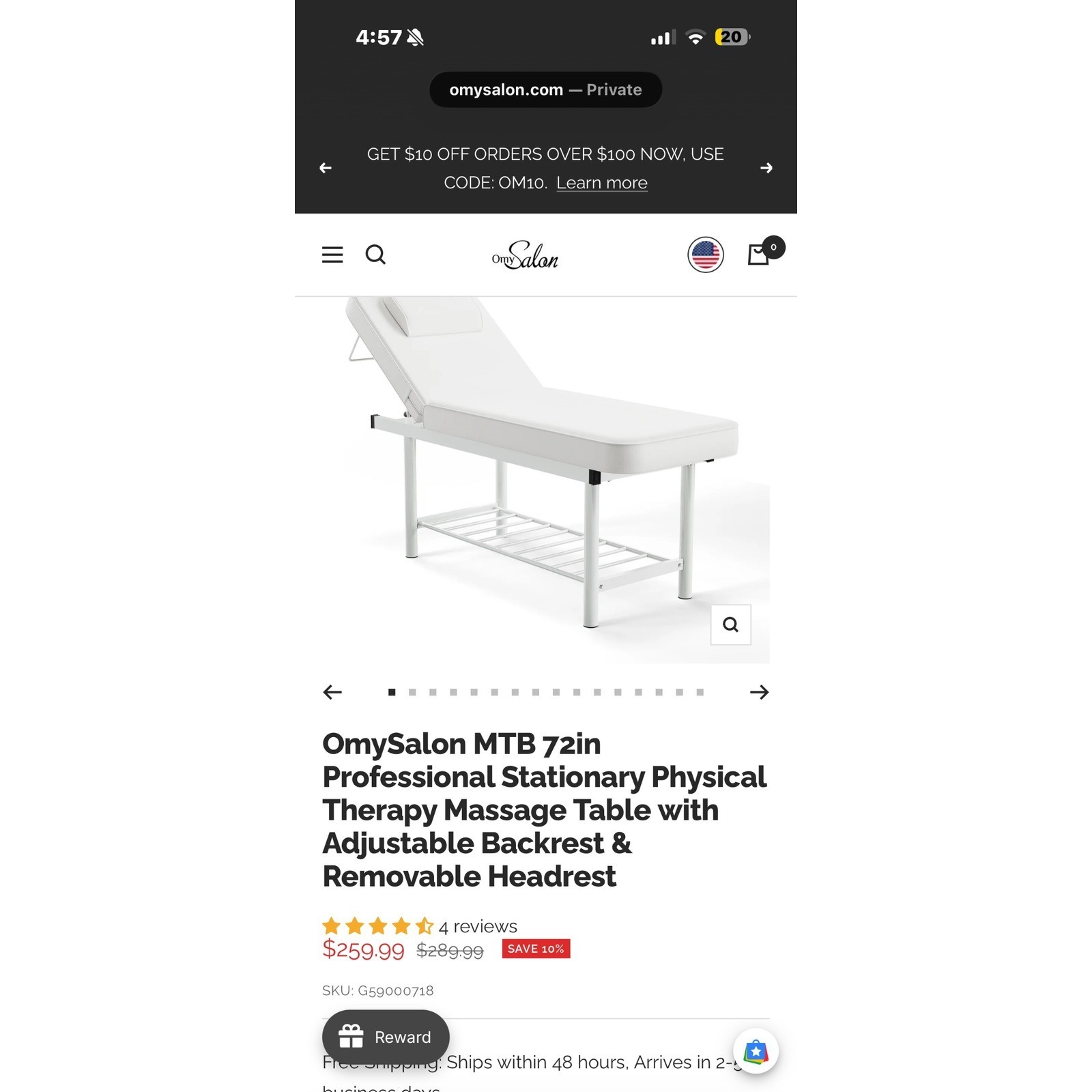 OmySalon MTB-W 72in Professional Stationary Massage Table Adjustable White NIB