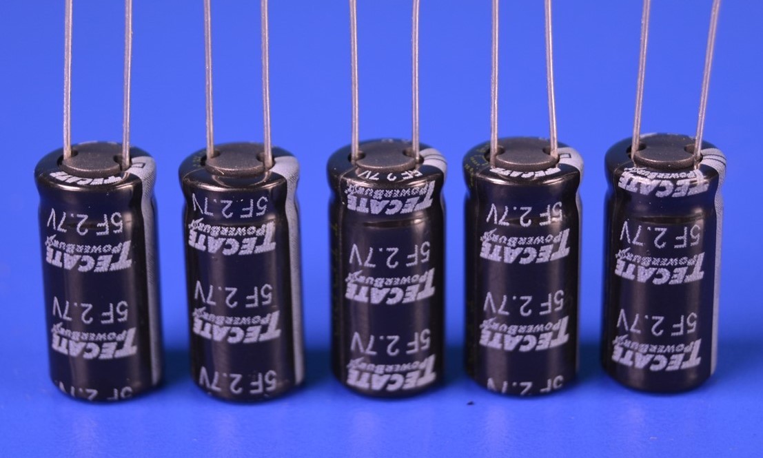 5 (Five) Tecate 5F 2.7V Supercapacitors 90mOhm ESR. P/N: TPL-5.0/10X20F