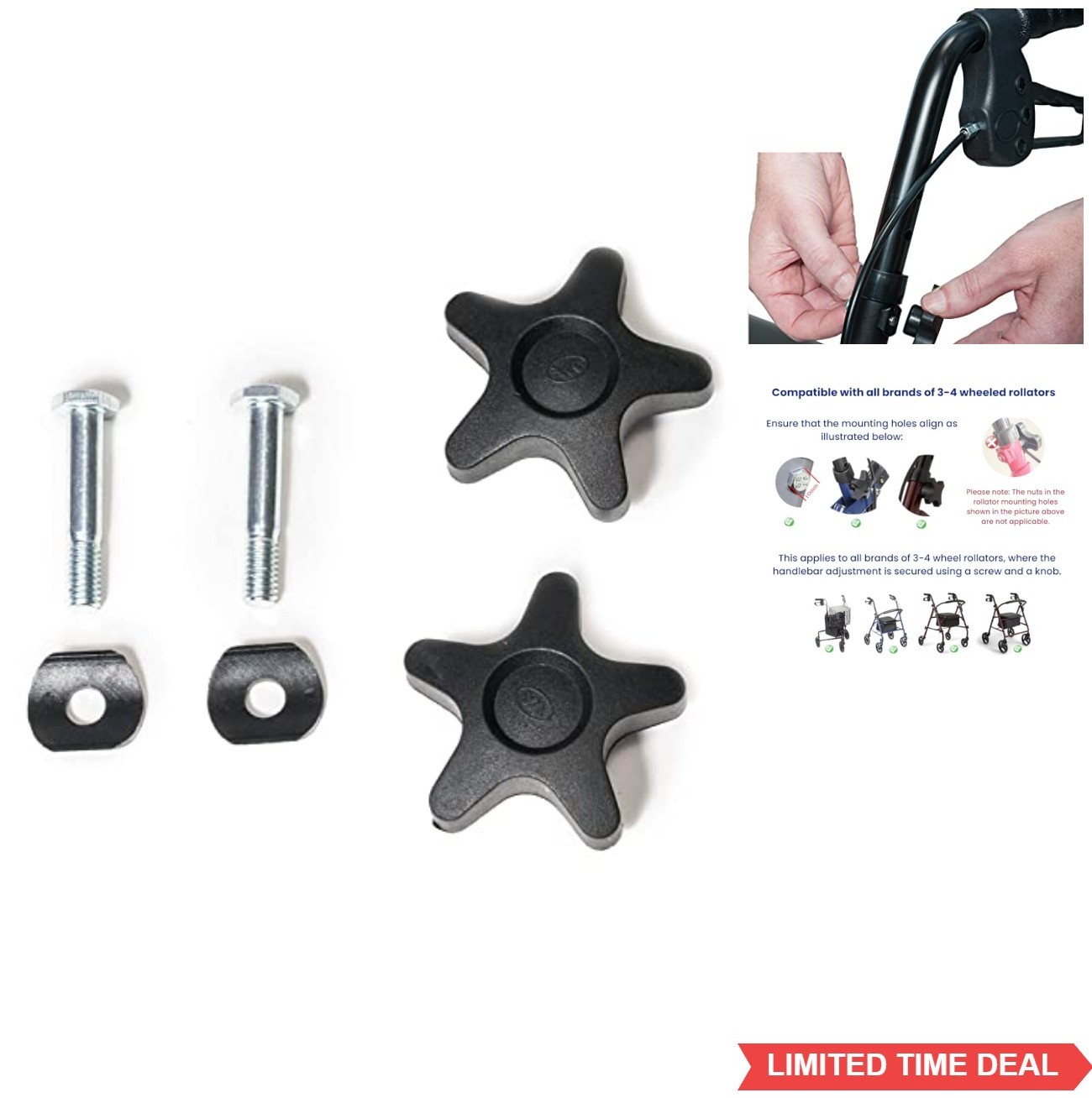 Rollator Arm Knob 2 Pack Screws Bolts Washers Black Non Slip Mobility Walker
