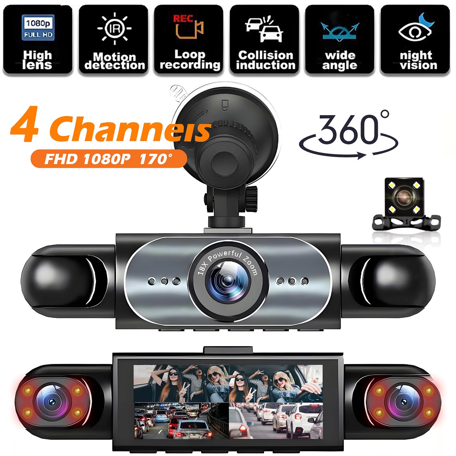 360° 4 Channel 1080P HD Car Dash Cam Front and Rear Inside Left Right + Camera