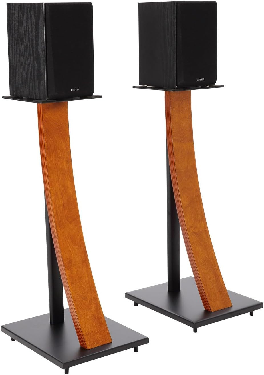 One Pair Fixed Height Universal Speaker Floor Stands with Real Wood - Cherry - 2