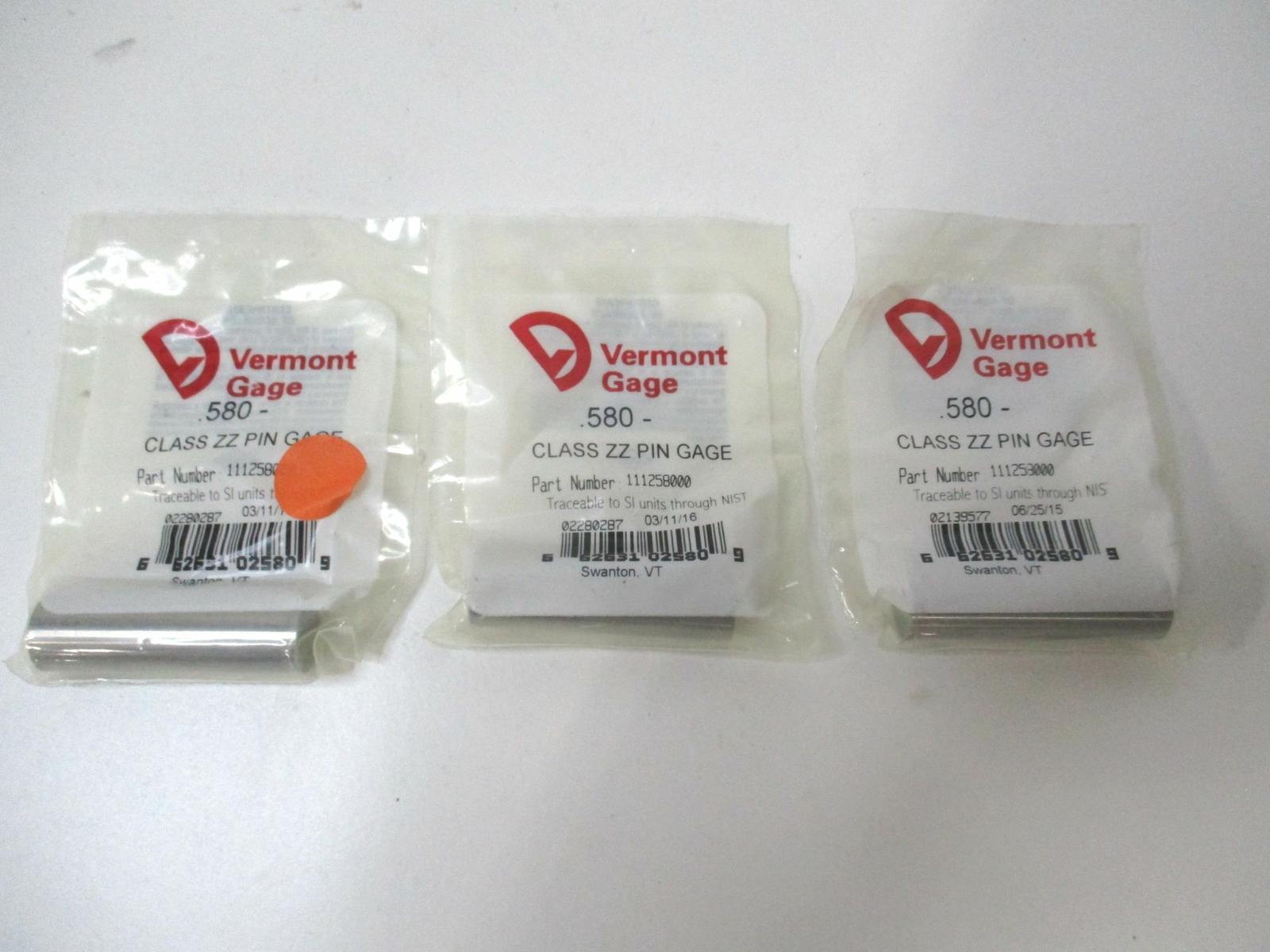 Vermont Gage (111258000) 0.580" Tolerance Class ZZ Steel No-Go Pin Gage - Qty 3