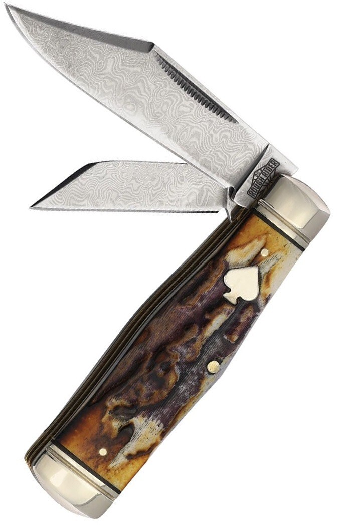 Rough Ryder Coke Bottle Pocket Knife Damascus Steel Blade Cinnamon Bone Handle