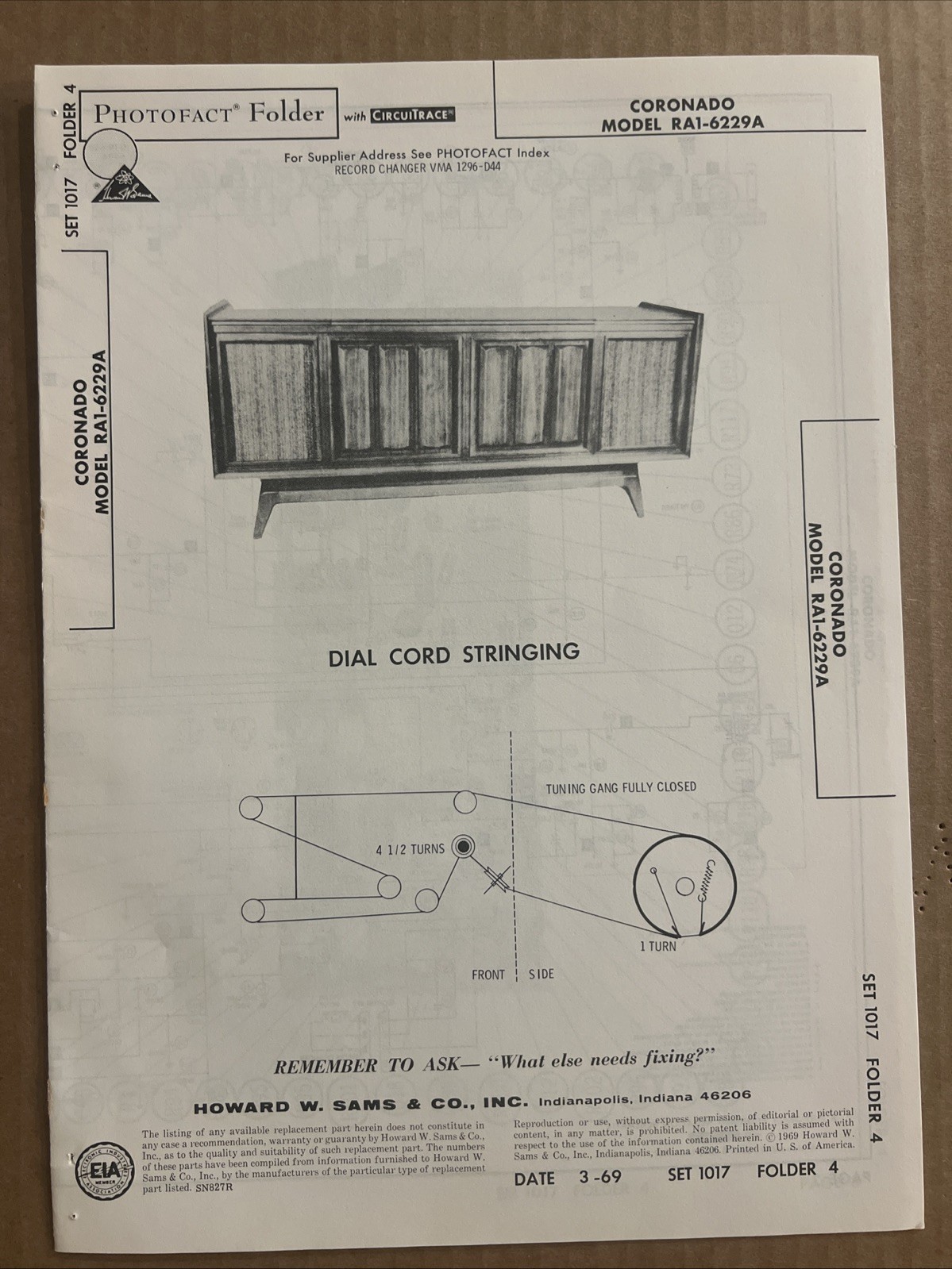Vintage Sams Photofact Schematic 3-1969 CORONADO MODEL RA1-6229A