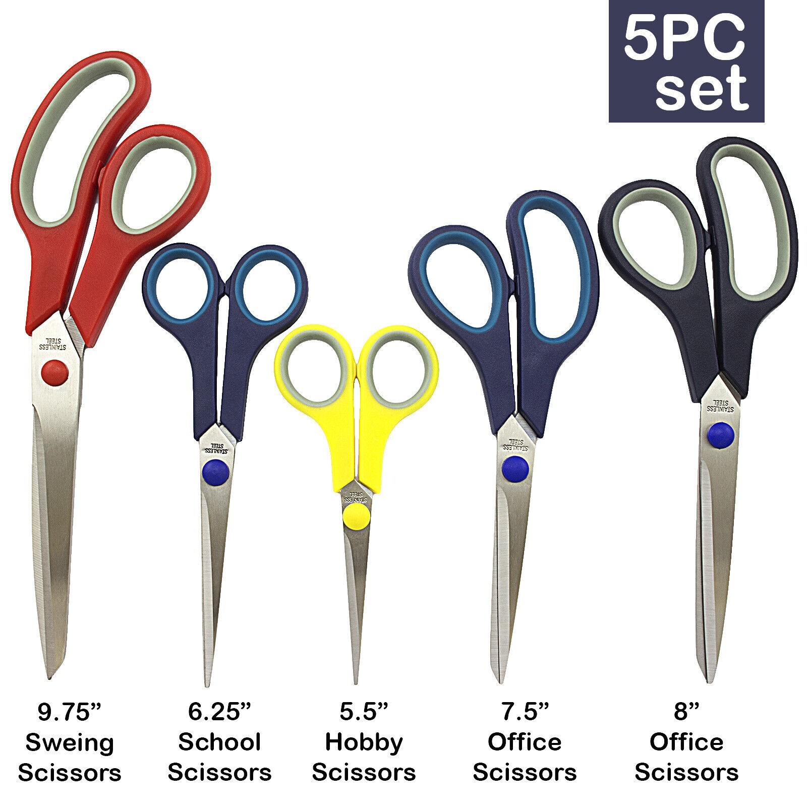 5 Piece Stainless Scissors Set Soft-grip Handle for School Office Multipurpose