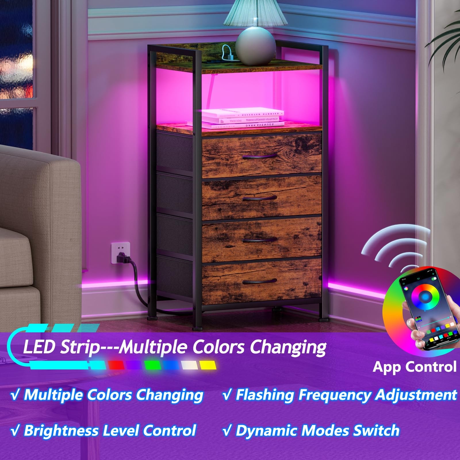 4-Drawer Nightstand w/ Charging Station LED - Rustic Brown Bedside Table