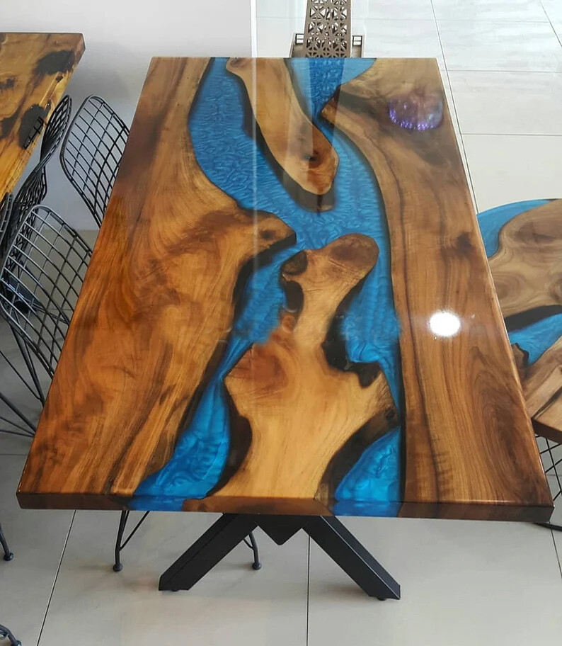 Handmade Blue River Epoxy Table Top, Kitchen Dining Wood Table Top, Resin River