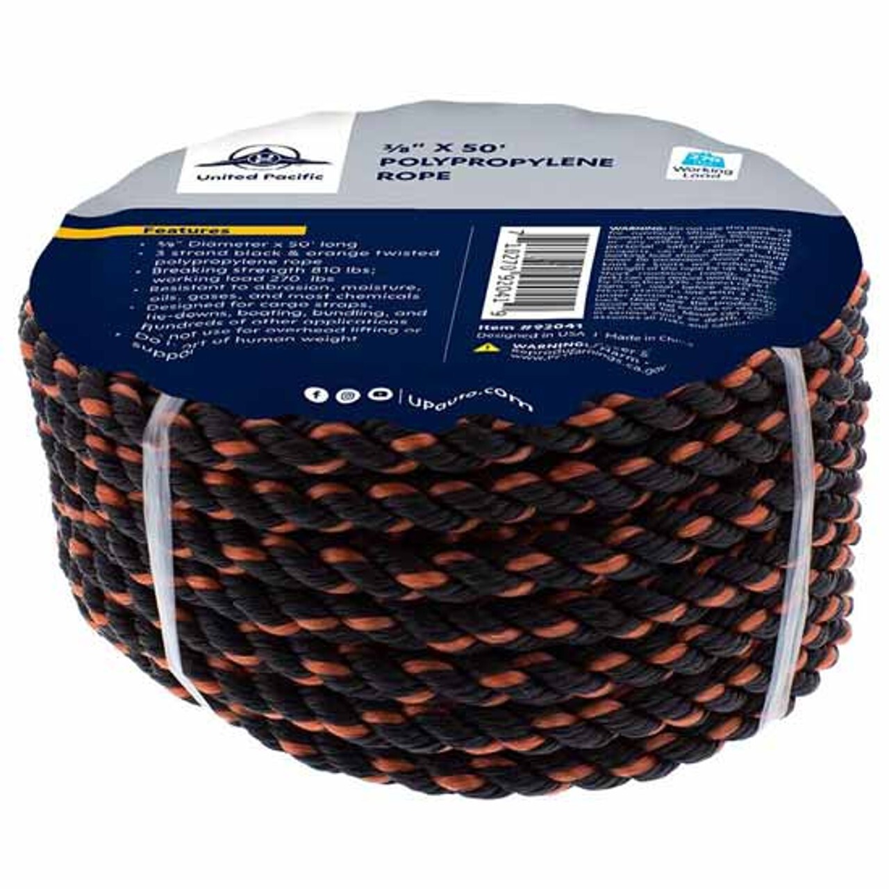 Poly 3/8 X 50 Inch 3 STRAND TWISTED BLACK & ORANGE ROPE
