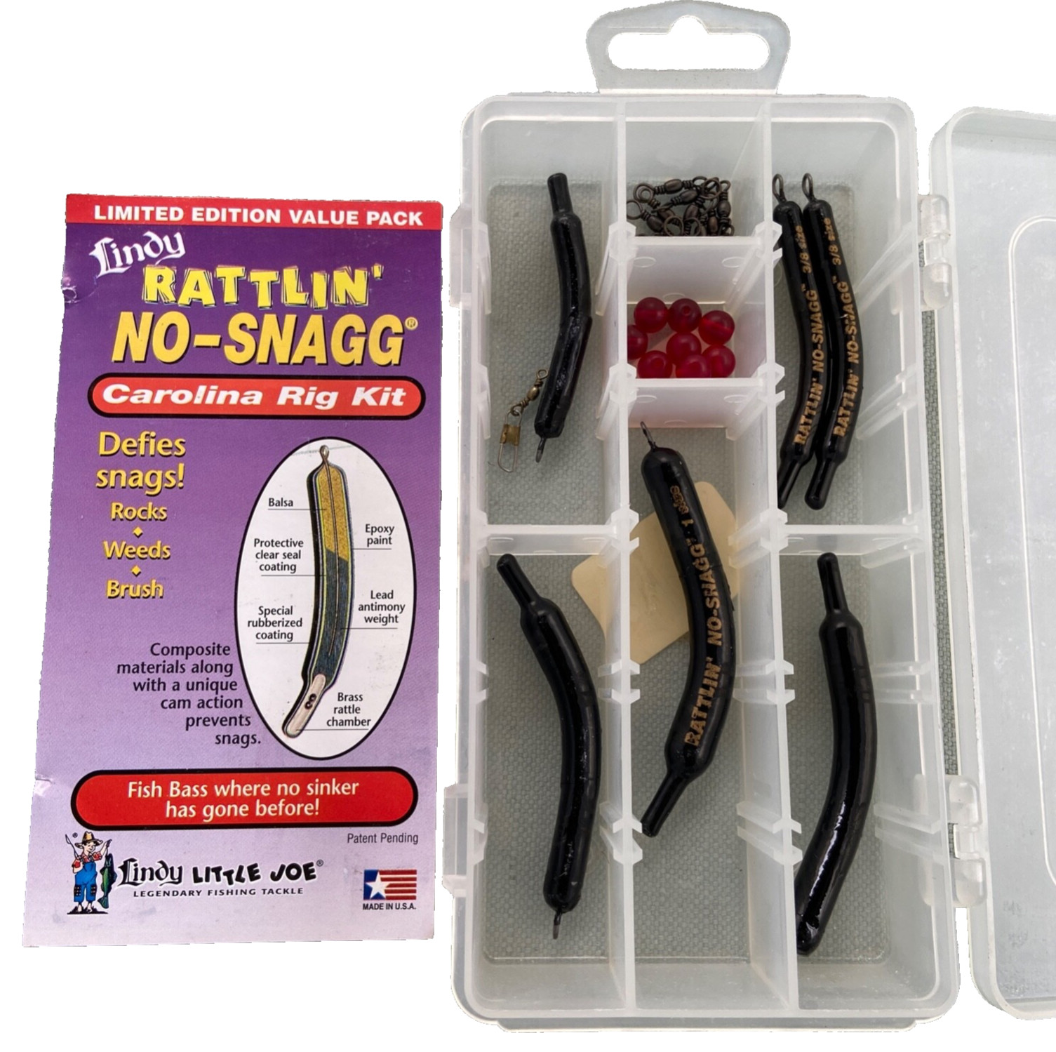 Lindy Rattlin No-Snagg Box Set Carolina Rig Kit Made USA Bass Fishing 1/4 3/8 1/