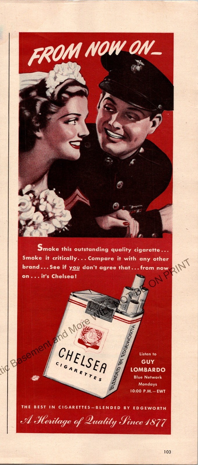 Chelsea Cigarettes Print Ad Vintage 1940's Ephemera Wall Art Decor Guy Lombardo