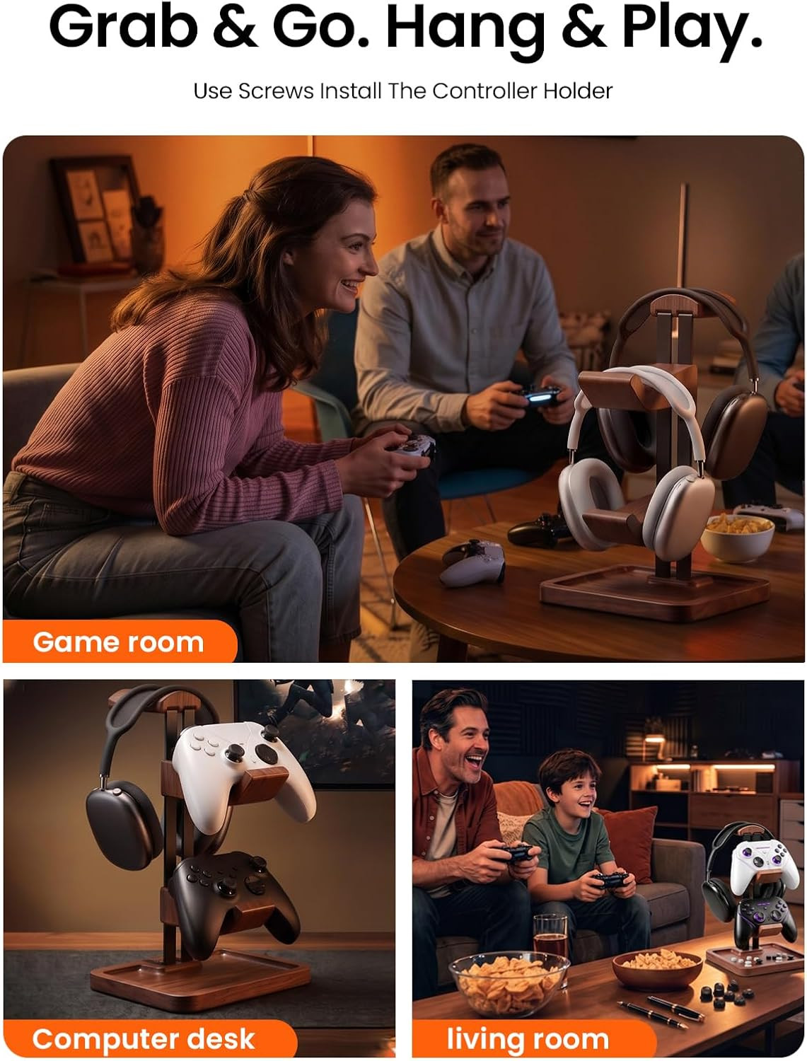 LOXP Walnut Headphone and Controller Stand, 2-In-1 Holder with Storage | Solid W