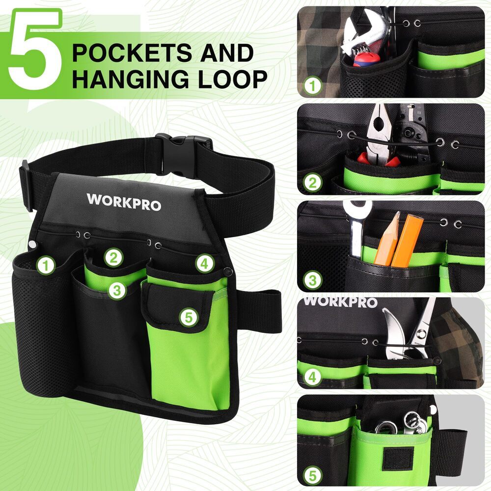 WORKPRO Garden Tool Belt 5-Pocket Single Side Gardening Tool Pouch for Gardening