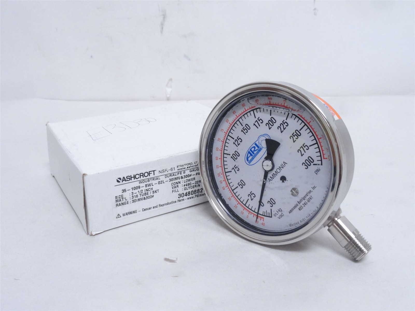 247015 New In Box; Ashcroft 35W1009SWL02LXR5/300 Pressure Gauge; SS; 0-300PSI