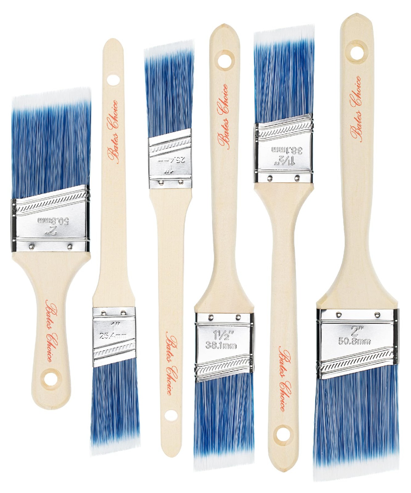 Bates Paint Brushes - 6 Pack, 1", 1.5", 2" Angle Brushes, Treated Wood Handle fo
