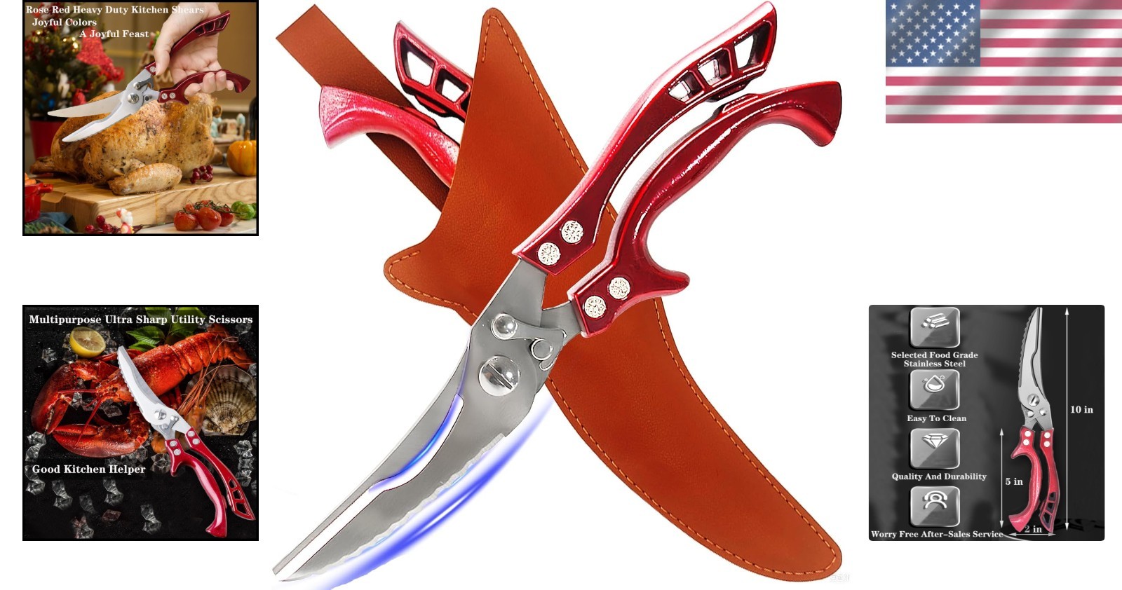 Versatile Heavy-Duty Kitchen Scissors - Non-Slip Red Handles & Leather Sheath