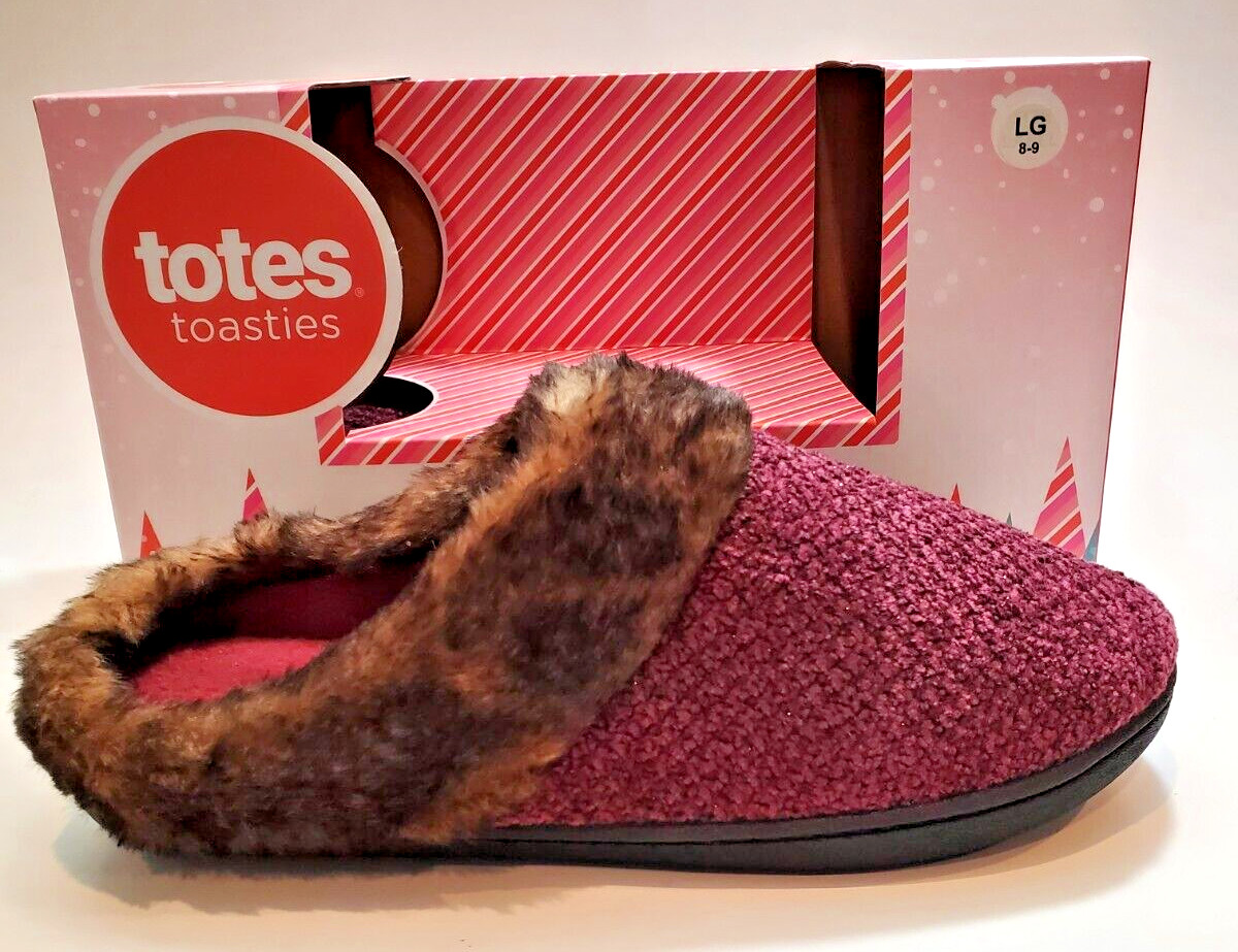 Totes Toasties Women' s Memory Foam Slippers LG ( 8-9 ) Faux Fur Burgundy