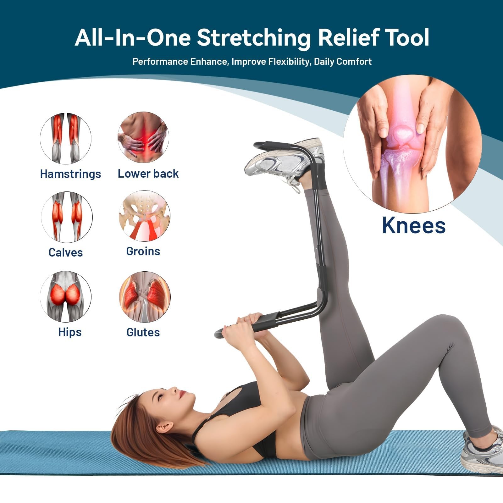 Hamstring Stretcher and Knee Extension Device for Lower Back and Hip Relief