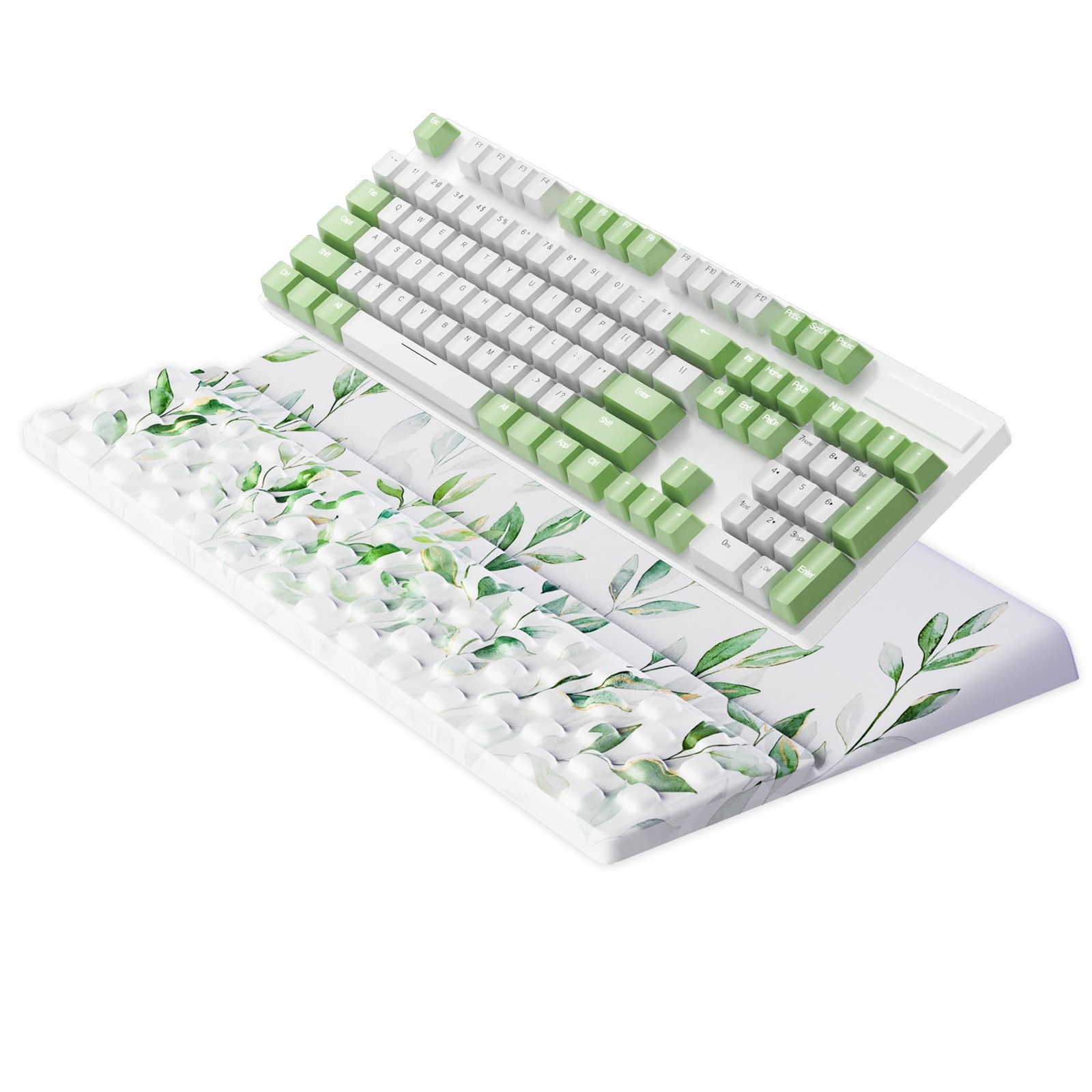 Keyboard Wrist Rest Pad, Ergonomic Stand Holder, Green Leaves Pattern, Comfy