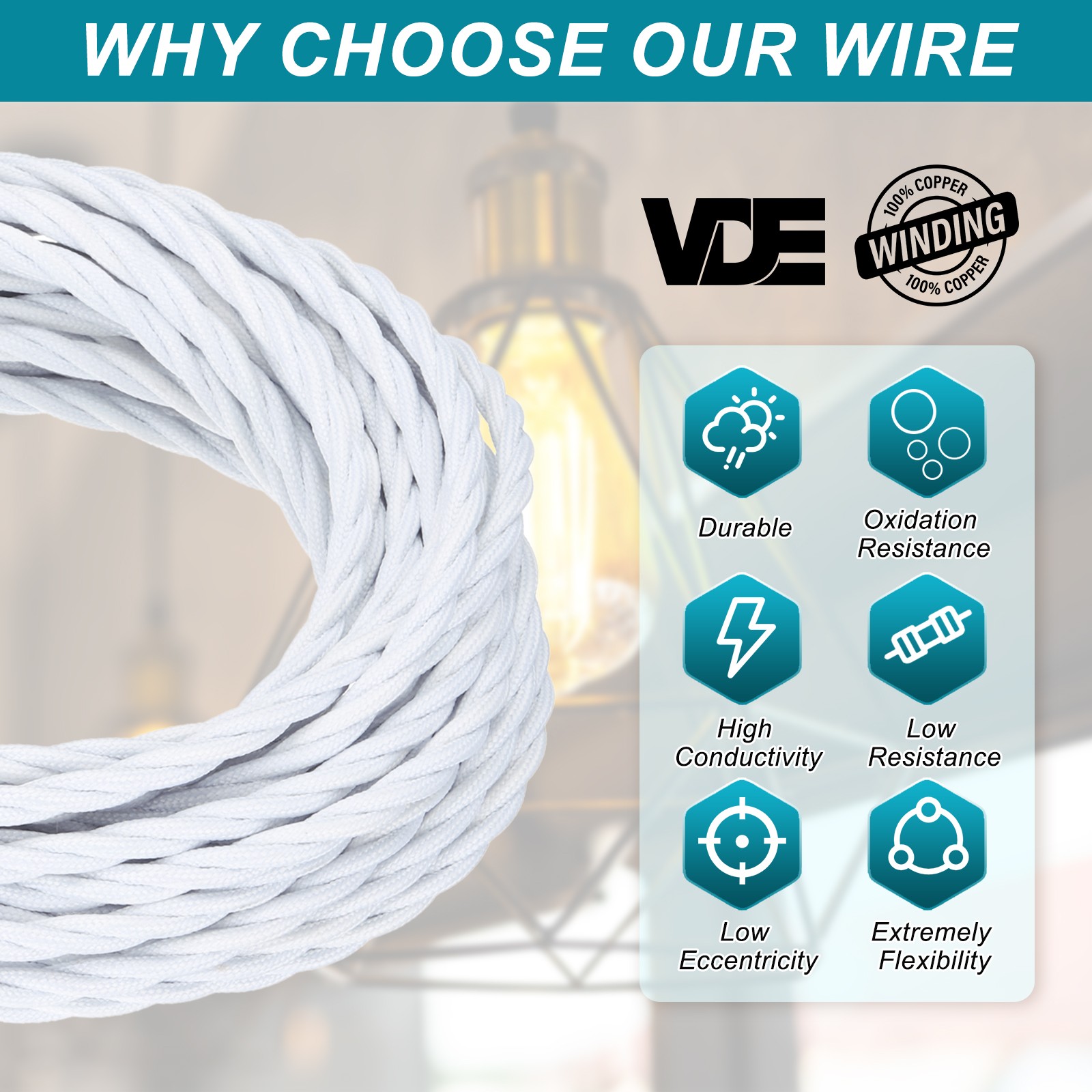 32.8Ft 18/3 Twisted Cloth Covered Wire White