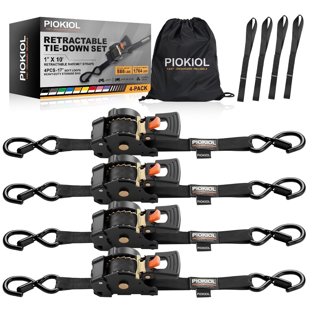 Retractable Ratchet Straps (4-Pack) - 1 Inch x 10 Feet 1in x 10ft, Black