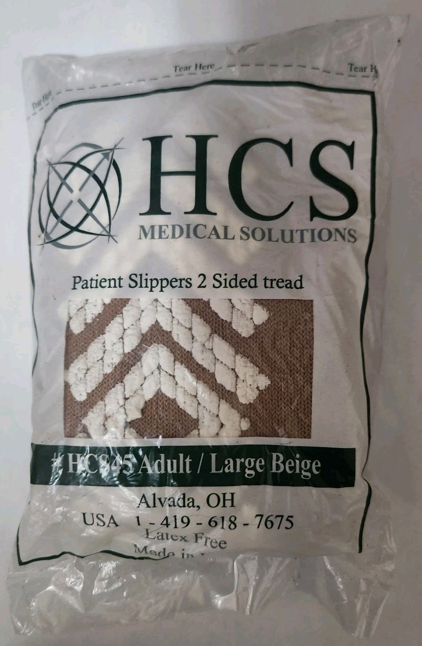 Sealed 1 Pair HCS Medical Patient Slippers Large Brown Beige 2 Sided Tread Adult