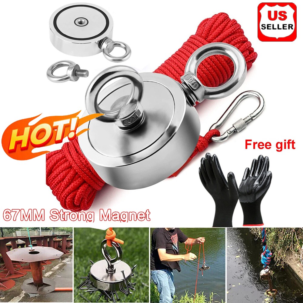 2000 LBS Strong Fishing Magnet Kit Double-Sided Pull Force and Rope Carabiner