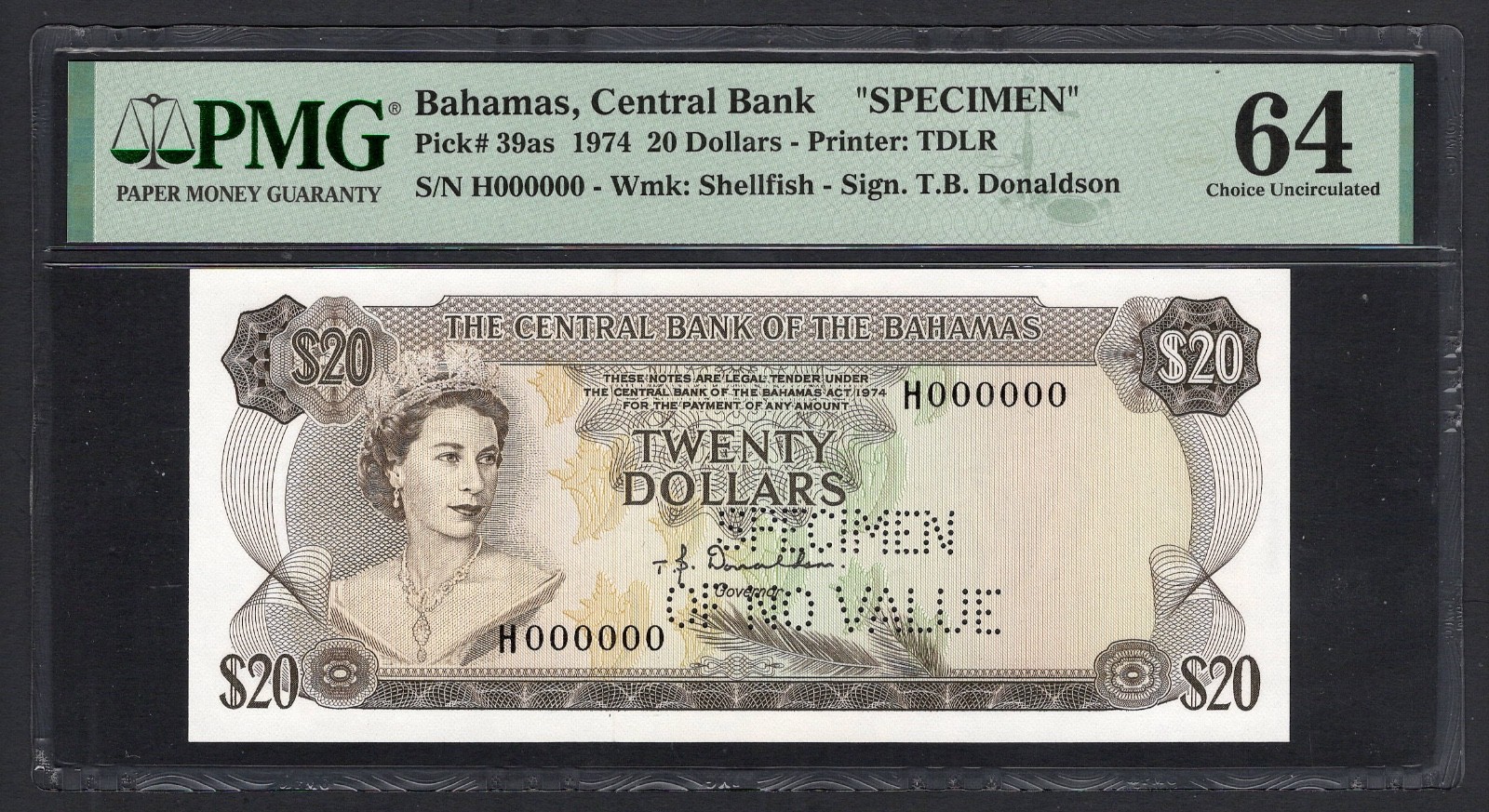 Bahamas 20 Dollars 1974 P39as "Specimen"  Uncirculated Grade 64